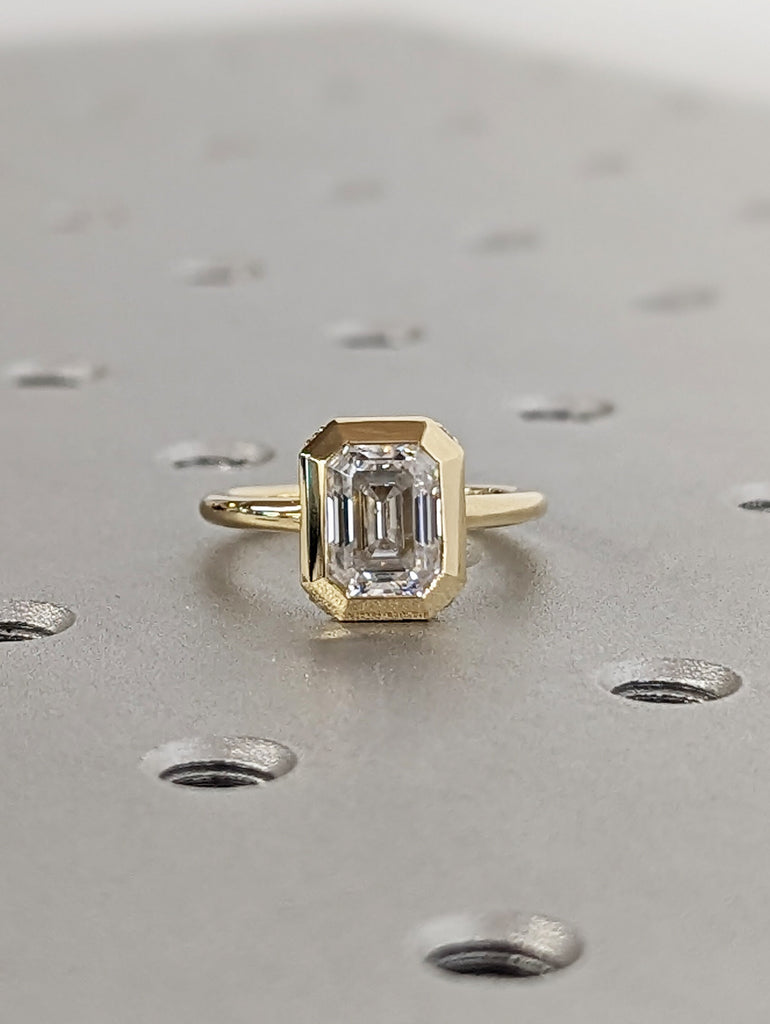 Chunky Bezel 1.5ct Emerald Cut Lab Diamond | 14K Yellow Gold Promise Ring | Diamond Hidden Halo Engagement Ring | Wedding Anniversary Gift image #4