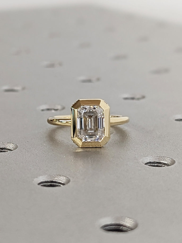 Elegant 1.5ct Emerald Cut Lab Diamond 14k Yellow Gold Engagement Ring | Diamond Hidden Halo Chunky Bezel Statement Ring | Gift For Her image #3
