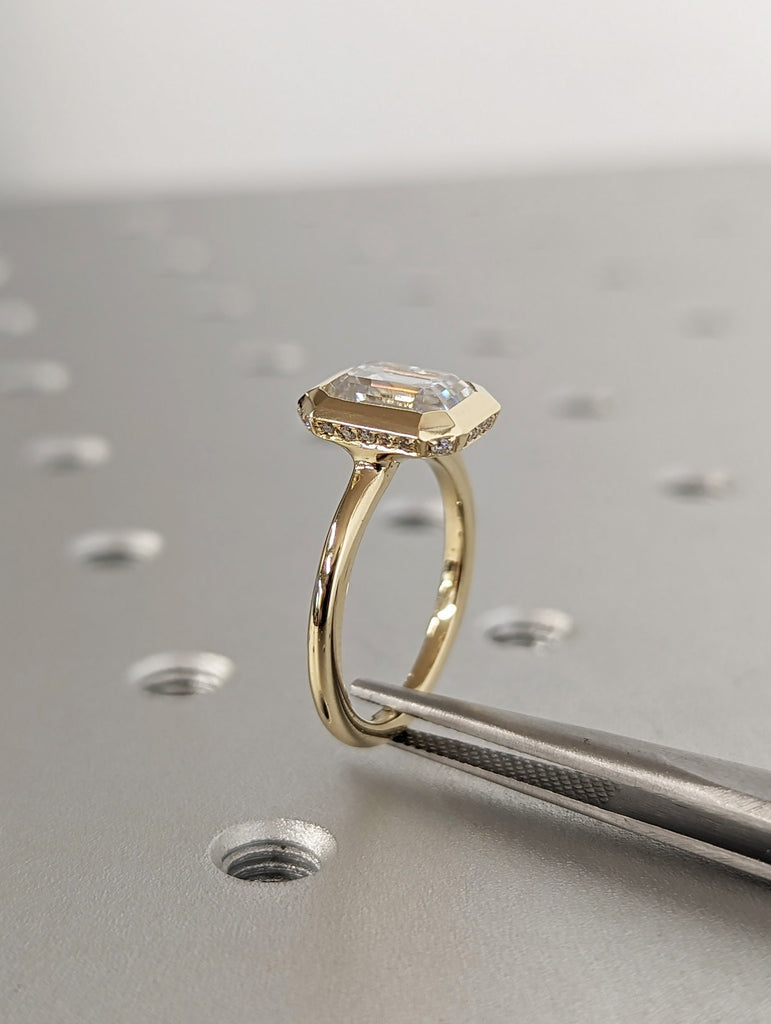 Chunky Bezel 1.5ct Emerald Cut Lab Diamond | 14K Yellow Gold Promise Ring | Diamond Hidden Halo Engagement Ring | Wedding Anniversary Gift image #5