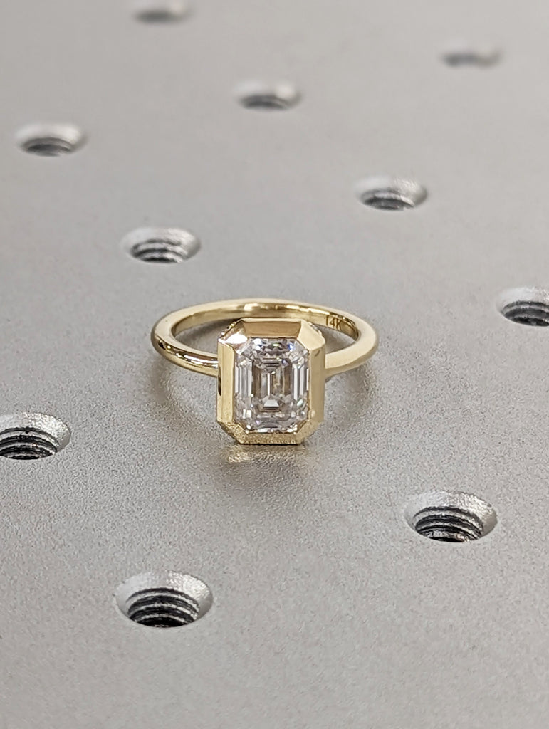 Elegant 1.5ct Emerald Cut Lab Diamond 14k Yellow Gold Engagement Ring | Diamond Hidden Halo Chunky Bezel Statement Ring | Gift For Her image #5