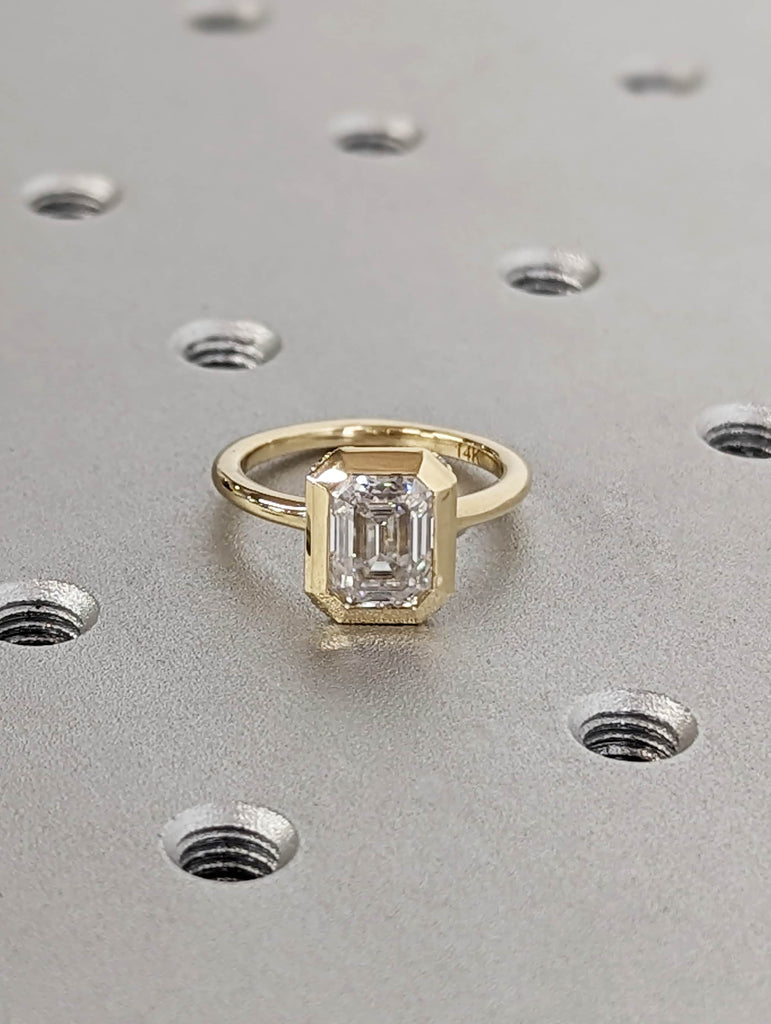 Chunky Bezel 1.5ct Emerald Cut Lab Diamond | 14K Yellow Gold Promise Ring | Diamond Hidden Halo Engagement Ring | Wedding Anniversary Gift image #6