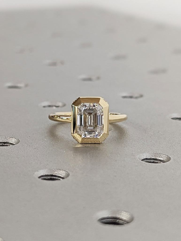Elegant 1.5ct Emerald Cut Lab Diamond 14k Yellow Gold Engagement Ring | Diamond Hidden Halo Chunky Bezel Statement Ring | Gift For Her image #9