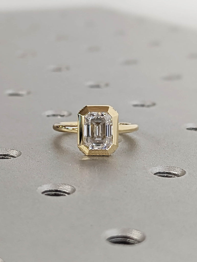 Chunky Bezel 1.5ct Emerald Cut Lab Diamond | 14K Yellow Gold Promise Ring | Diamond Hidden Halo Engagement Ring | Wedding Anniversary Gift image #9