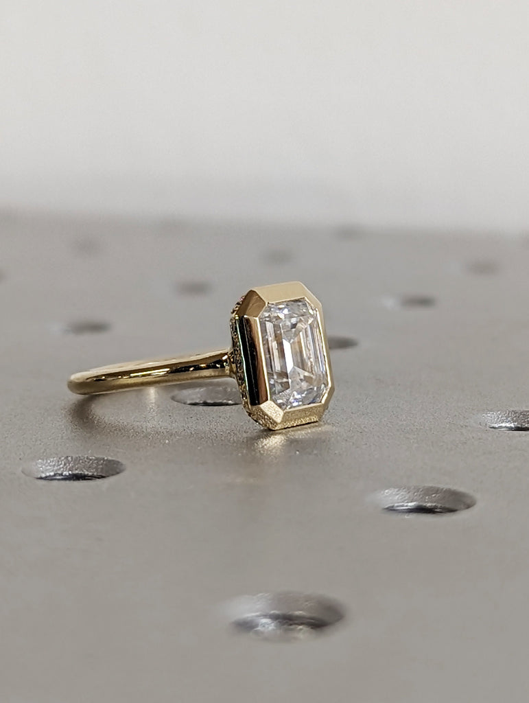 Elegant 1.5ct Emerald Cut Lab Diamond 14k Yellow Gold Engagement Ring | Diamond Hidden Halo Chunky Bezel Statement Ring | Gift For Her image #10