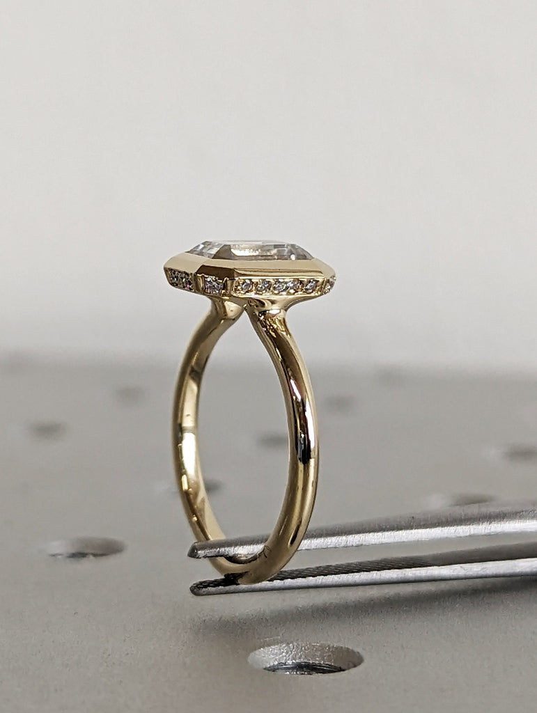 Elegant 1.5ct Emerald Cut Lab Diamond 14k Yellow Gold Engagement Ring | Diamond Hidden Halo Chunky Bezel Statement Ring | Gift For Her image #1
