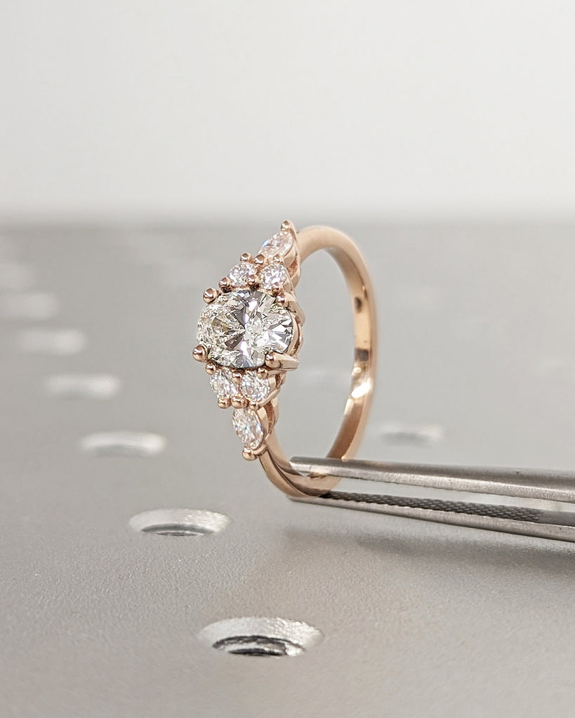 1ct Lab Diamond Oval Engagement Ring, Oval Lab Diamond and Multi-Stone Wedding Ring, Rose Gold Lab Diamond Ring, Cluster Ring, Anniversary