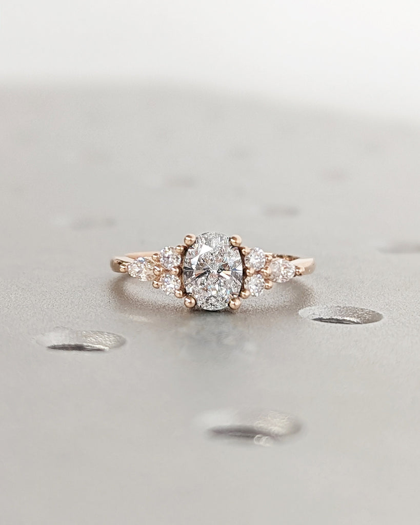 1ct Lab Diamond Oval Engagement Ring, Oval Lab Diamond and Multi-Stone Wedding Ring, Rose Gold Lab Diamond Ring, Cluster Ring, Anniversary image #2