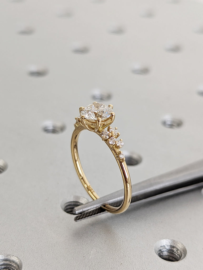 1ct Round Lab Grown Diamond 18K Yellow Gold Engagement Ring | Unique Snowdrift 6 Prong Diamond Cluster Promise Ring |  Wedding Ring for Her image #3