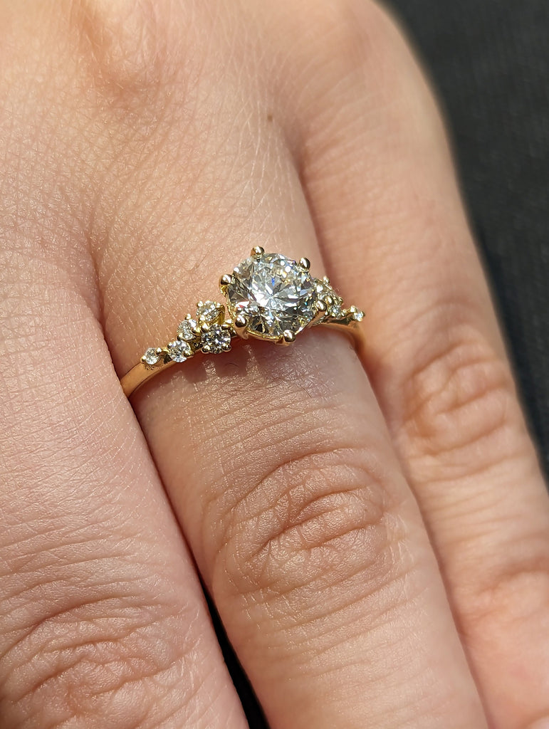 1ct Round Lab Grown Diamond 18K Yellow Gold Engagement Ring | Unique Snowdrift 6 Prong Diamond Cluster Promise Ring |  Wedding Ring for Her image #6