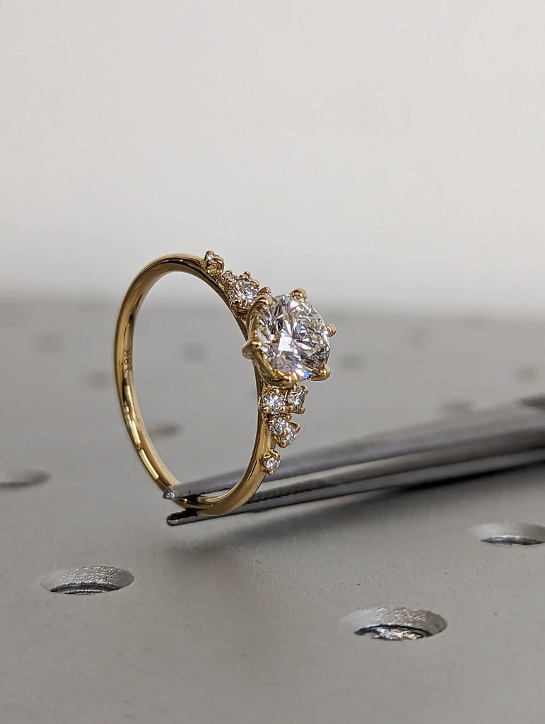 1ct Round Lab Grown Diamond 18K Yellow Gold Engagement Ring | Unique Snowdrift 6 Prong Diamond Cluster Promise Ring |  Wedding Ring for Her image #9