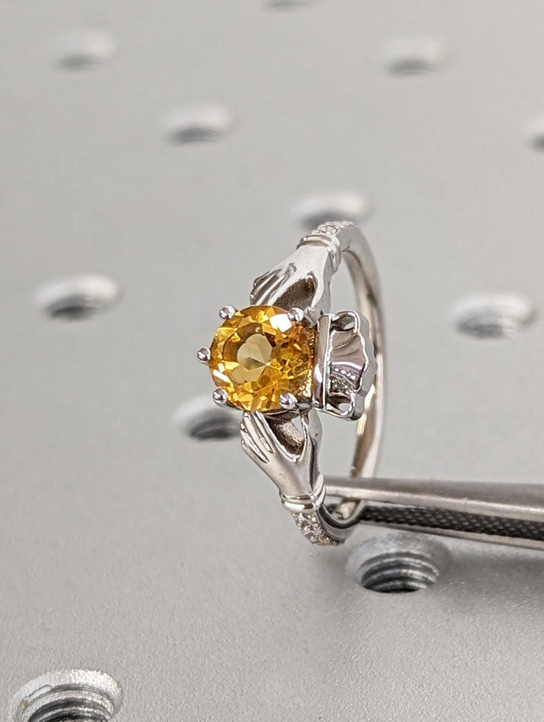 1ct Round Rose Cut Yellow Sapphire 14K White Gold Irish Claddagh Diamond Friendship Ring