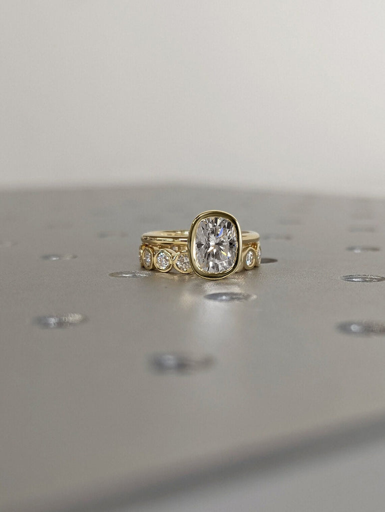 Bezel set Solitaire Promise Ring in 14k or 18k Gold: Long Cushion cut Moissanite