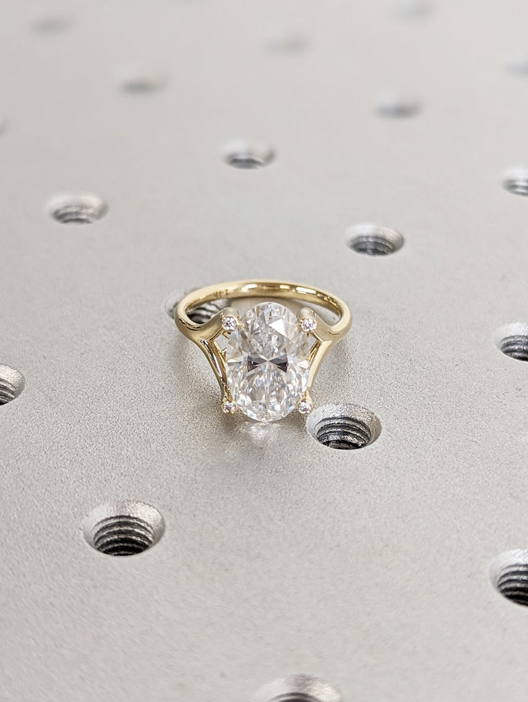 3ct Oval Moissanite 14K Yellow Gold Engagement Ring | Split Shank Promise Ring | Intertwined Basket 4 Prong Diamond Bezel Statement Ring image #7