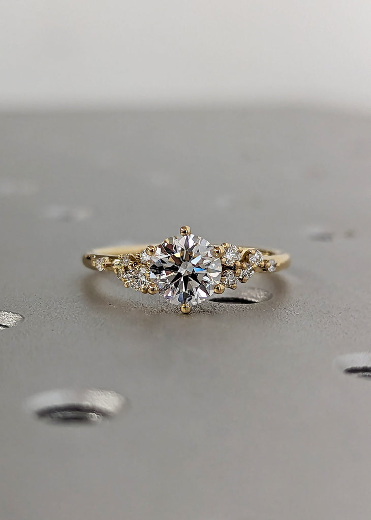 1ct Round Lab Grown Diamond 18K Yellow Gold Engagement Ring | Unique Snowdrift 6 Prong Diamond Cluster Promise Ring |  Wedding Ring for Her image #2