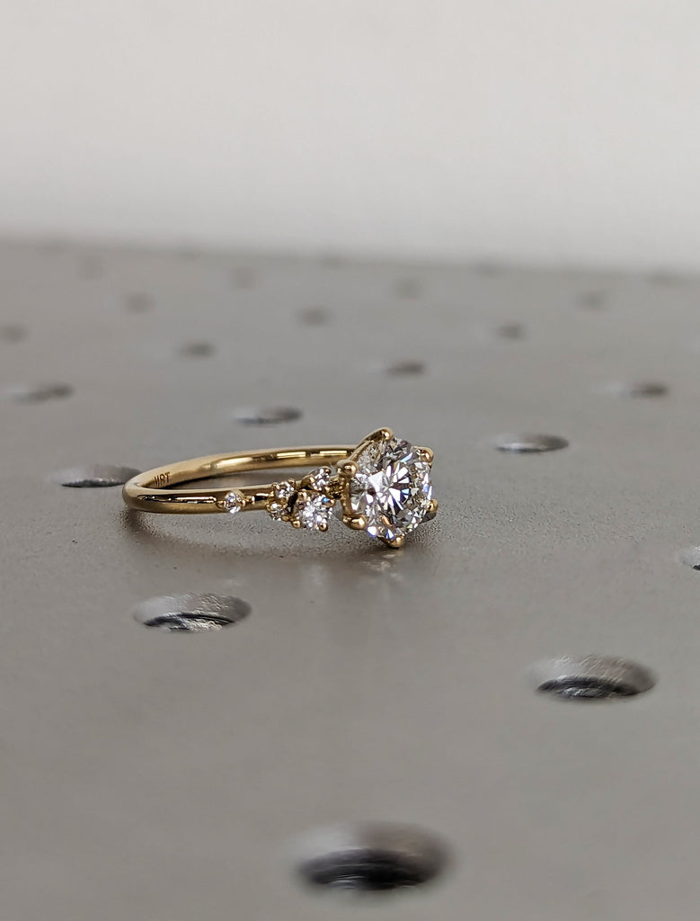 1ct Round Lab Grown Diamond 18K Yellow Gold Engagement Ring | Unique Snowdrift 6 Prong Diamond Cluster Promise Ring |  Wedding Ring for Her image #4