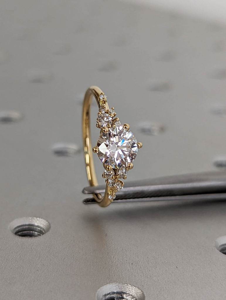1ct Round Lab Grown Diamond 18K Yellow Gold Engagement Ring | Unique Snowdrift 6 Prong Diamond Cluster Promise Ring |  Wedding Ring for Her image #7