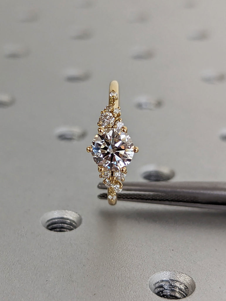 1ct Round Lab Grown Diamond 18K Yellow Gold Engagement Ring | Unique Snowdrift 6 Prong Diamond Cluster Promise Ring |  Wedding Ring for Her image #8