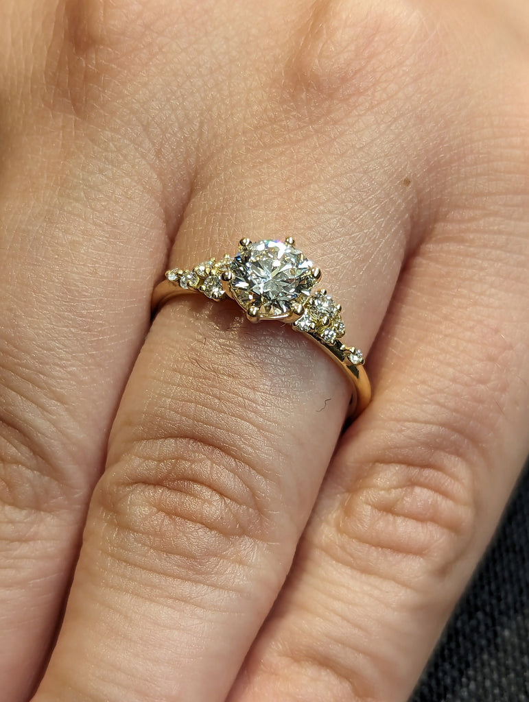 1ct Round Lab Grown Diamond 18K Yellow Gold Engagement Ring | Unique Snowdrift 6 Prong Diamond Cluster Promise Ring |  Wedding Ring for Her image #10