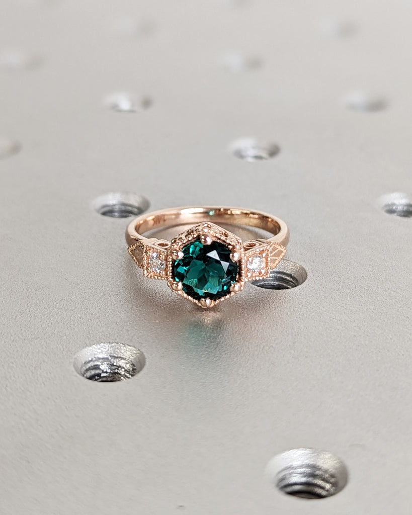 Emerald ring vintage emerald engagement ring 14k rose gold ring gift unique antique wedding promise anniversary ring for her birthstone ring