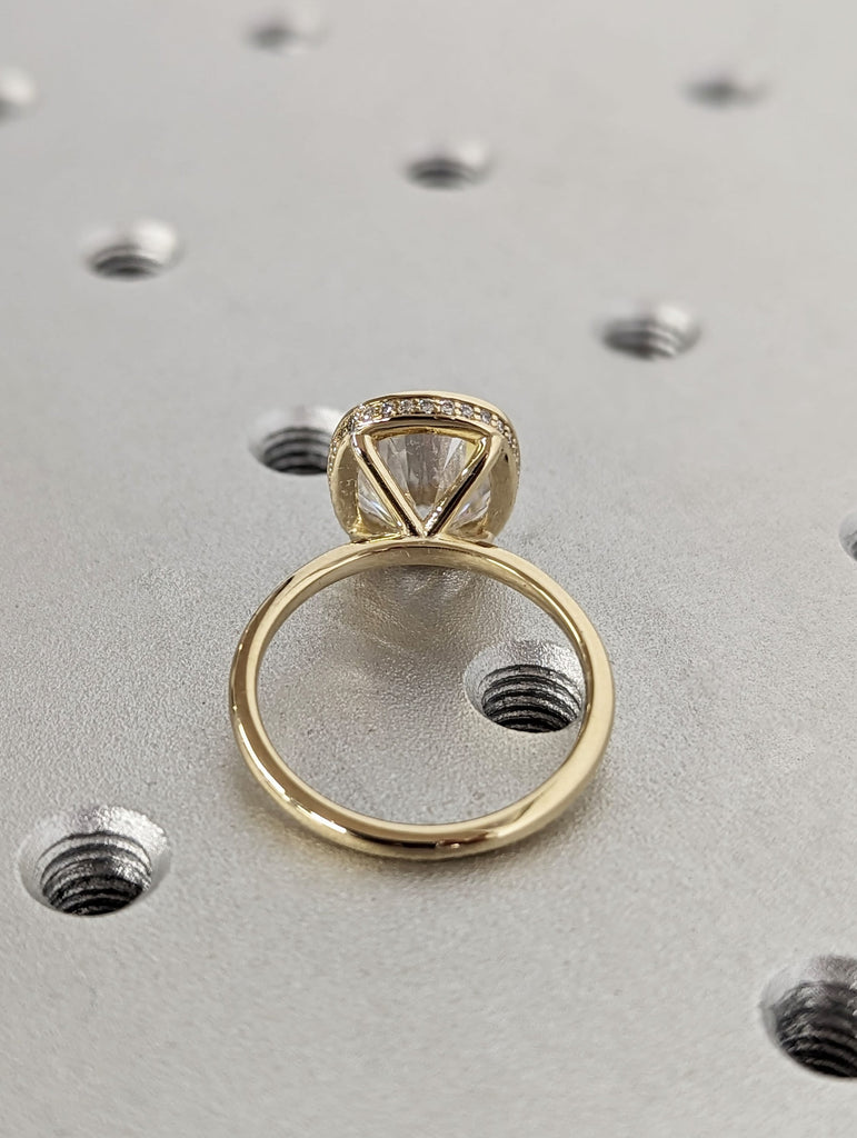 3ct Cushion Lab Grown Diamond Bezel Set Wedding Anniversary Ring | 14K Yellow Gold Diamond Hidden Halo Statement Ring | Gold Ring for Wife image #8