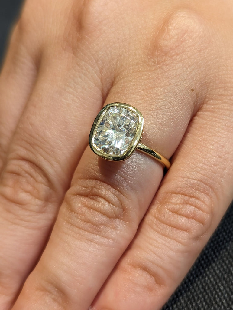 3ct Cushion Lab Grown Diamond Bezel Set Wedding Anniversary Ring | 14K Yellow Gold Diamond Hidden Halo Statement Ring | Gold Ring for Wife image #1