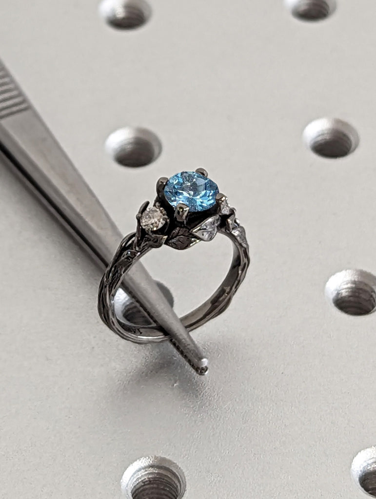 Nature Inspired 1ct Round Lab Aquamarine Engagement Ring | 14K Black Gold Leaves Motif Gothic Promise Ring | Custom Wedding Ring for Her image #3