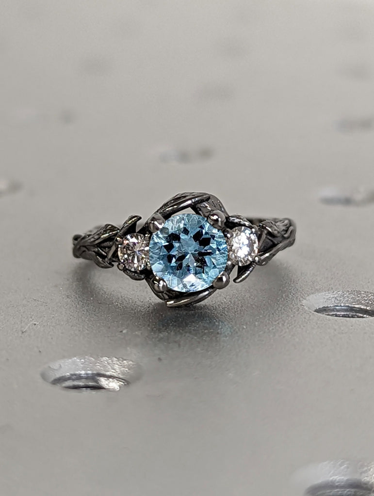 Nature Inspired 1ct Round Lab Aquamarine Engagement Ring | 14K Black Gold Leaves Motif Gothic Promise Ring | Custom Wedding Ring for Her image #4