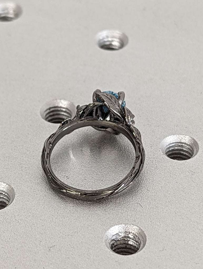 Nature Inspired 1ct Round Lab Aquamarine Engagement Ring | 14K Black Gold Leaves Motif Gothic Promise Ring | Custom Wedding Ring for Her image #5