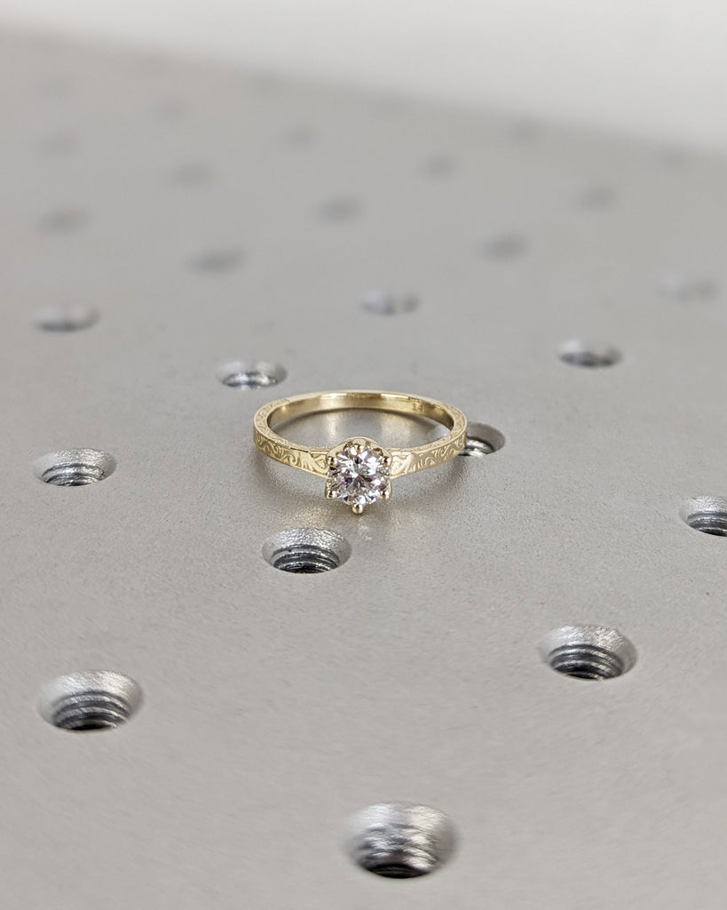 Round cut Moissanite Solitaire Engagement Ring | 14k Solid Gold Filigree Wedding Ring | Art Deco Bridal Band