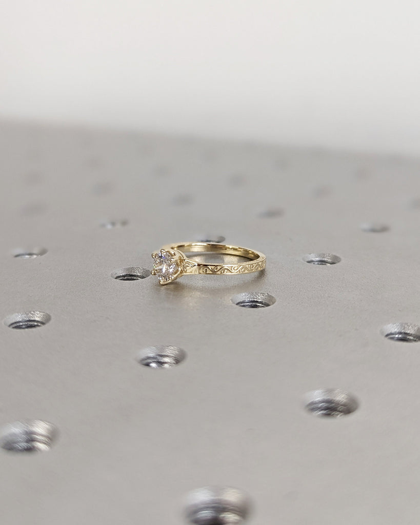 Round cut Moissanite Solitaire Engagement Ring | 14k Solid Gold Filigree Wedding Ring | Art Deco Bridal Band