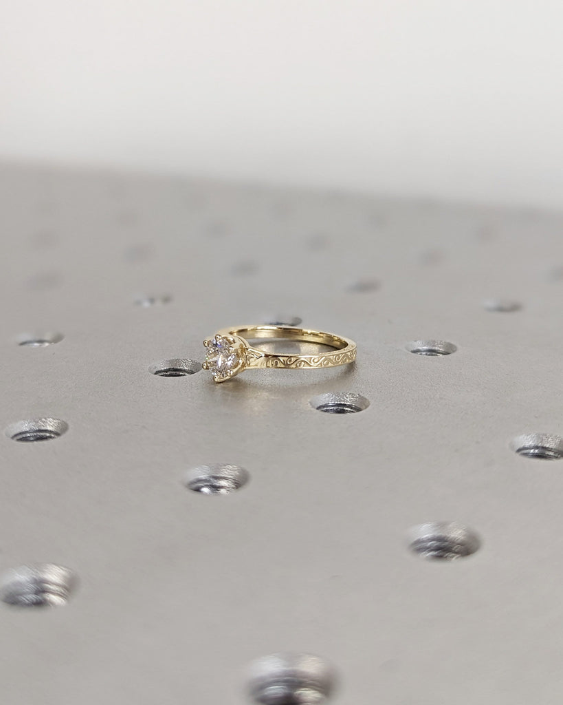 Solid Yellow Gold Round Cut Solitaire Moissanite Engagement Ring | 6 Prongs Filigree Wedding Anniversary Ring