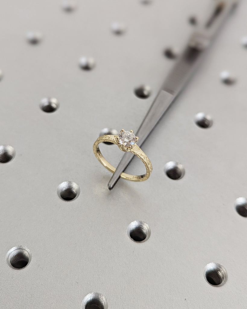 Round cut Moissanite Solitaire Engagement Ring | 14k Solid Gold Filigree Wedding Ring | Art Deco Bridal Band