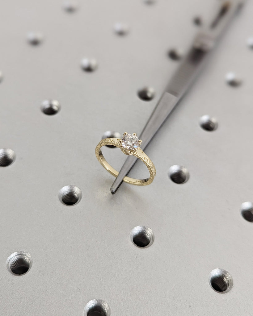 Solid Yellow Gold Round Cut Solitaire Moissanite Engagement Ring | 6 Prongs Filigree Wedding Anniversary Ring