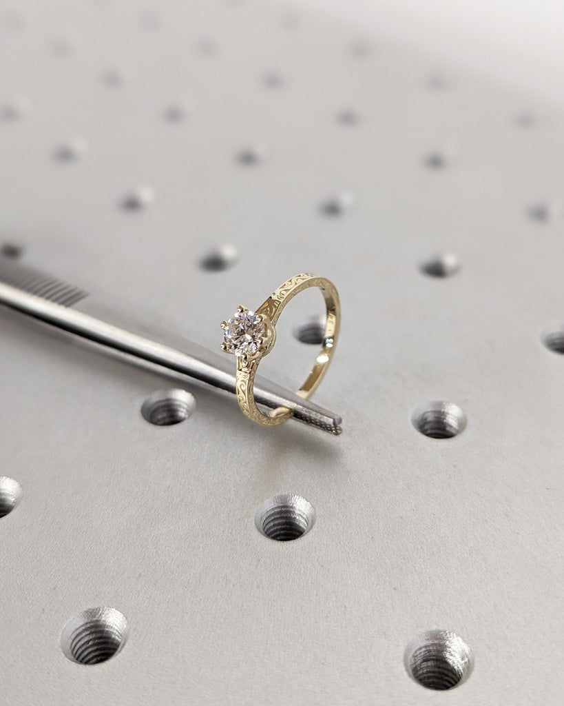 Round cut Moissanite Solitaire Engagement Ring | 14k Solid Gold Filigree Wedding Ring | Art Deco Bridal Band