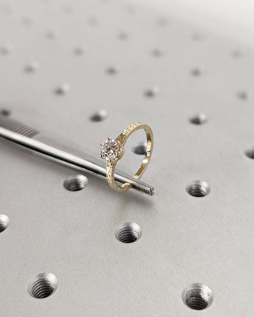 Solid Yellow Gold Round Cut Solitaire Moissanite Engagement Ring | 6 Prongs Filigree Wedding Anniversary Ring