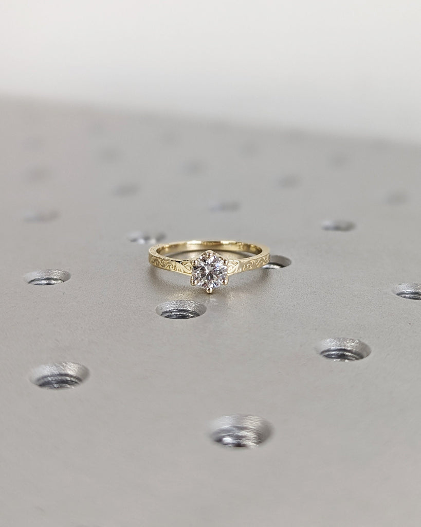Round cut Moissanite Solitaire Engagement Ring | 14k Solid Gold Filigree Wedding Ring | Art Deco Bridal Band
