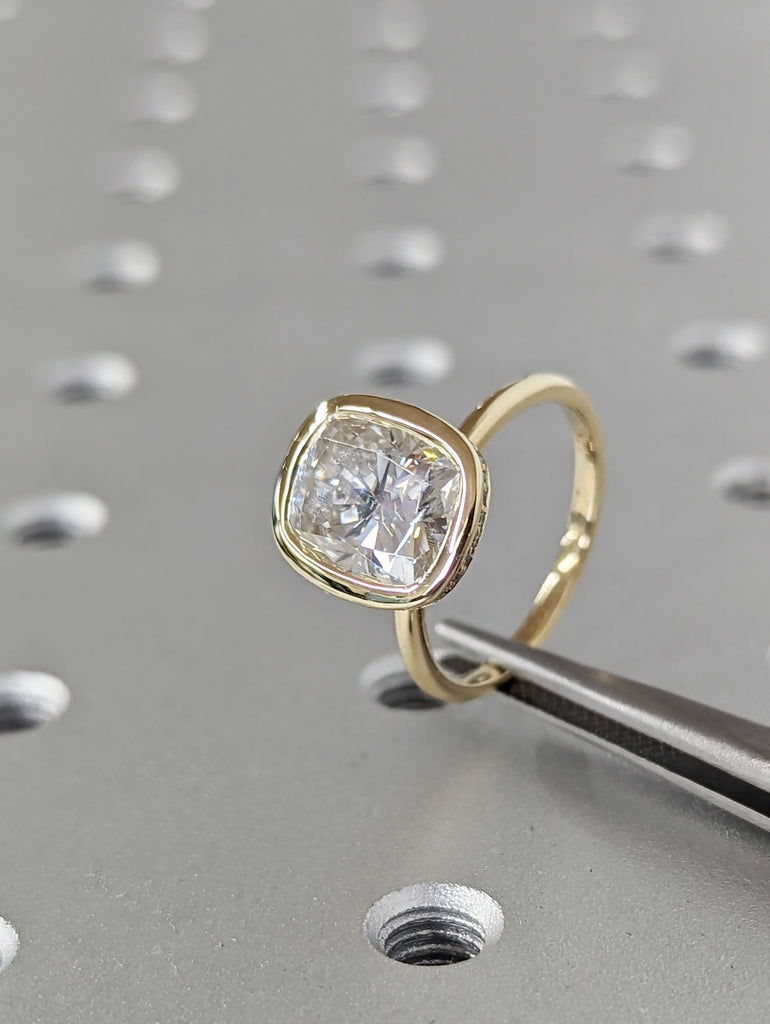3ct Cushion Lab Grown Diamond Bezel Set Wedding Anniversary Ring | 14K Yellow Gold Diamond Hidden Halo Statement Ring | Gold Ring for Wife image #3
