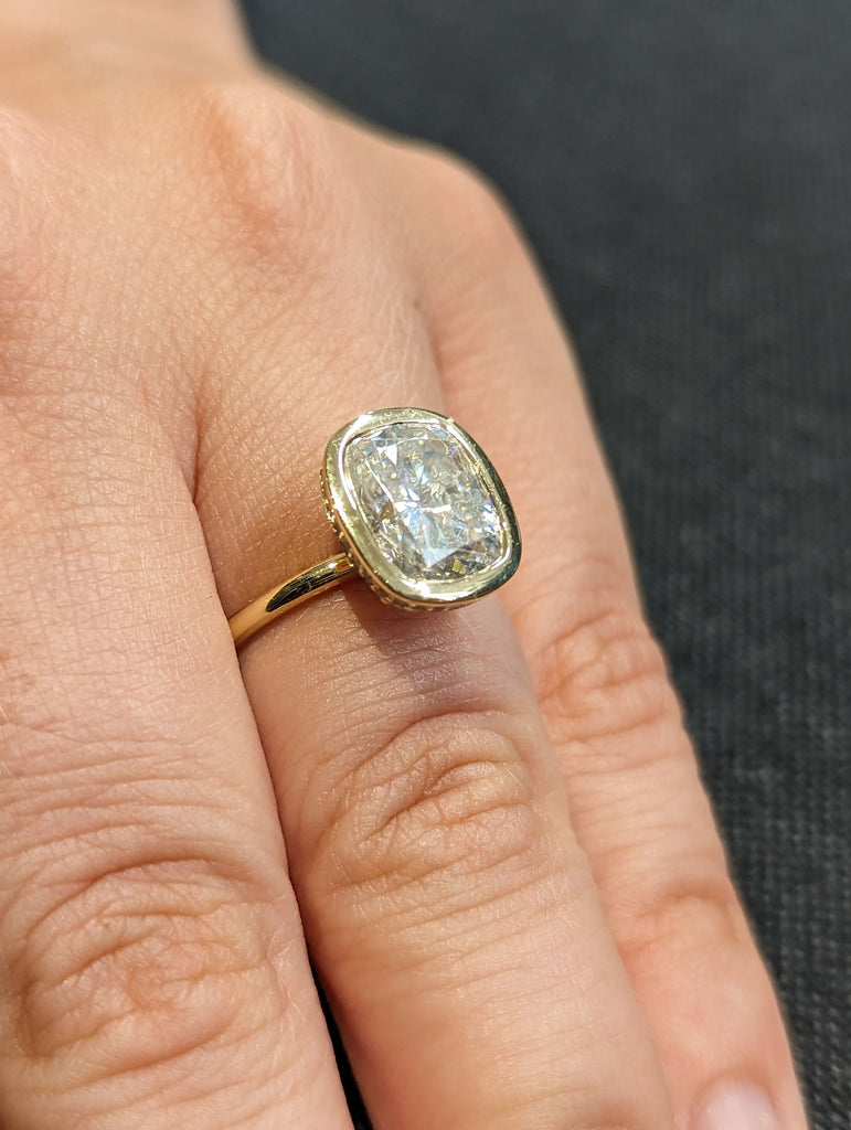 3ct Cushion Lab Grown Diamond Bezel Set Wedding Anniversary Ring | 14K Yellow Gold Diamond Hidden Halo Statement Ring | Gold Ring for Wife image #5