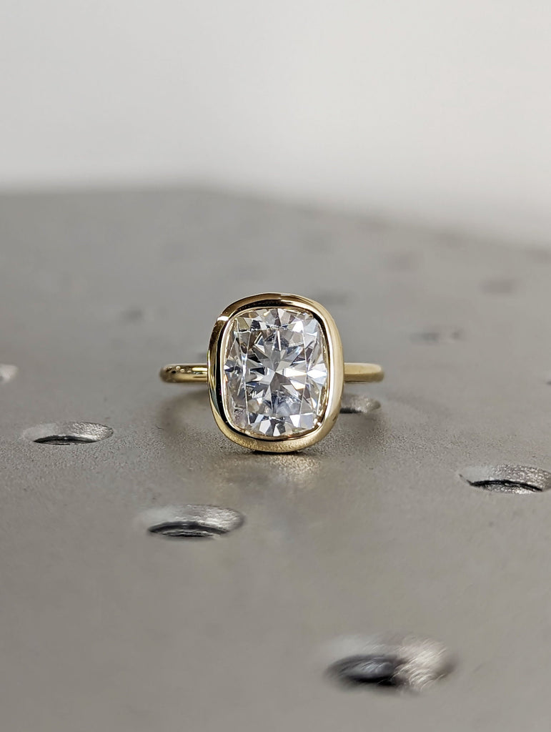 3ct Cushion Lab Grown Diamond Bezel Set Wedding Anniversary Ring | 14K Yellow Gold Diamond Hidden Halo Statement Ring | Gold Ring for Wife image #4