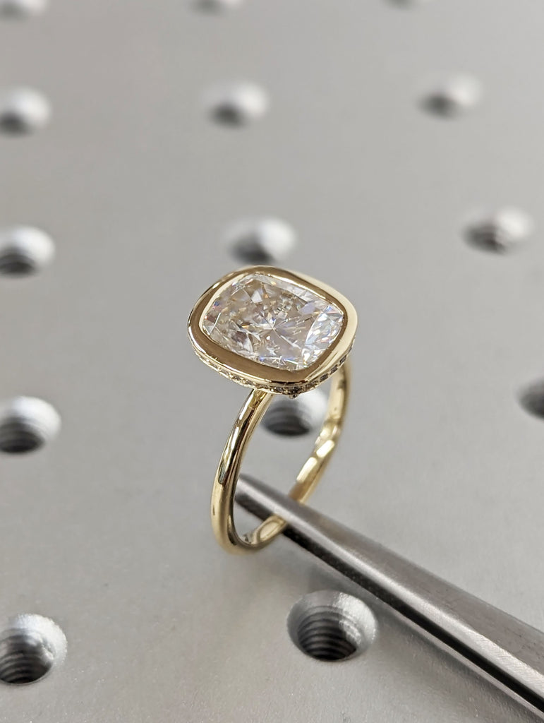 3ct Cushion Lab Grown Diamond Bezel Set Wedding Anniversary Ring | 14K Yellow Gold Diamond Hidden Halo Statement Ring | Gold Ring for Wife image #6
