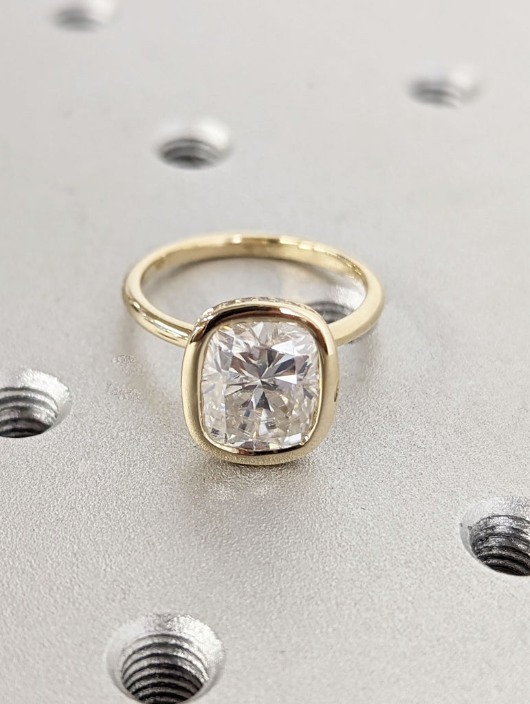 3ct Cushion Lab Grown Diamond Bezel Set Wedding Anniversary Ring | 14K Yellow Gold Diamond Hidden Halo Statement Ring | Gold Ring for Wife image #7