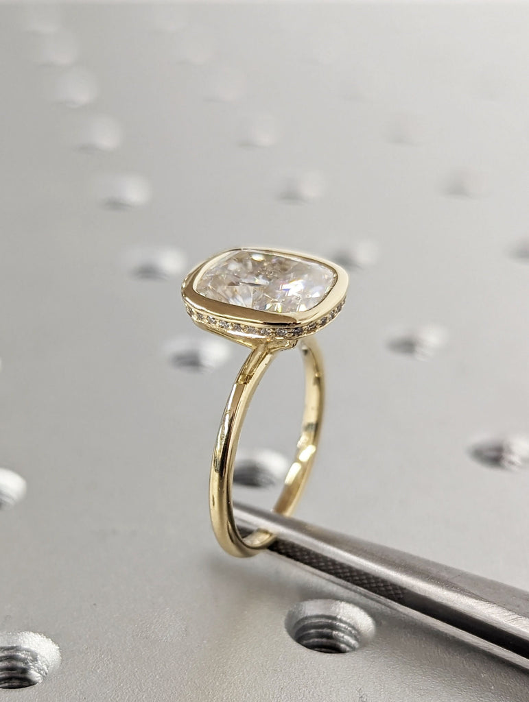 3ct Cushion Lab Grown Diamond Bezel Set Wedding Anniversary Ring | 14K Yellow Gold Diamond Hidden Halo Statement Ring | Gold Ring for Wife image #2