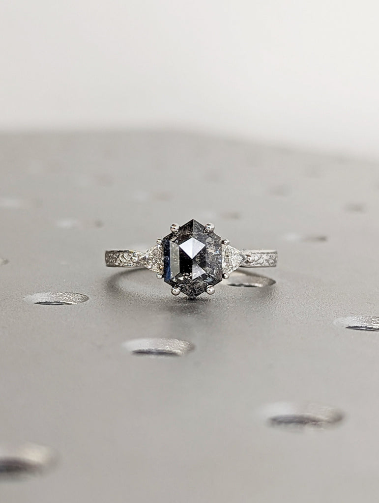 Raw Diamond Hexagon Triangle Diamond, Salt and Pepper, Plain Unique Bridal Engagement Set, Rose Cut Geometric Diamond Ring, Custom Handmade image #2