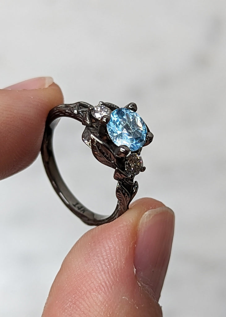 Nature Inspired 1ct Round Lab Aquamarine Engagement Ring | 14K Black Gold Leaves Motif Gothic Promise Ring | Custom Wedding Ring for Her image #2