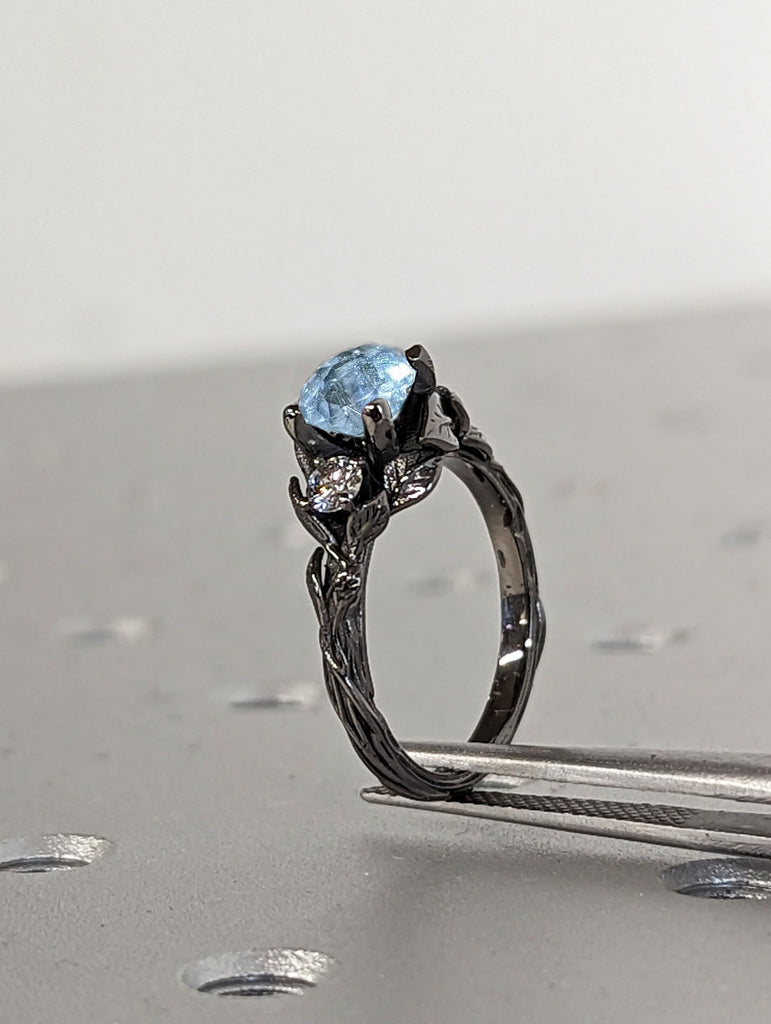 Nature Inspired 1ct Round Lab Aquamarine Engagement Ring | 14K Black Gold Leaves Motif Gothic Promise Ring | Custom Wedding Ring for Her image #1