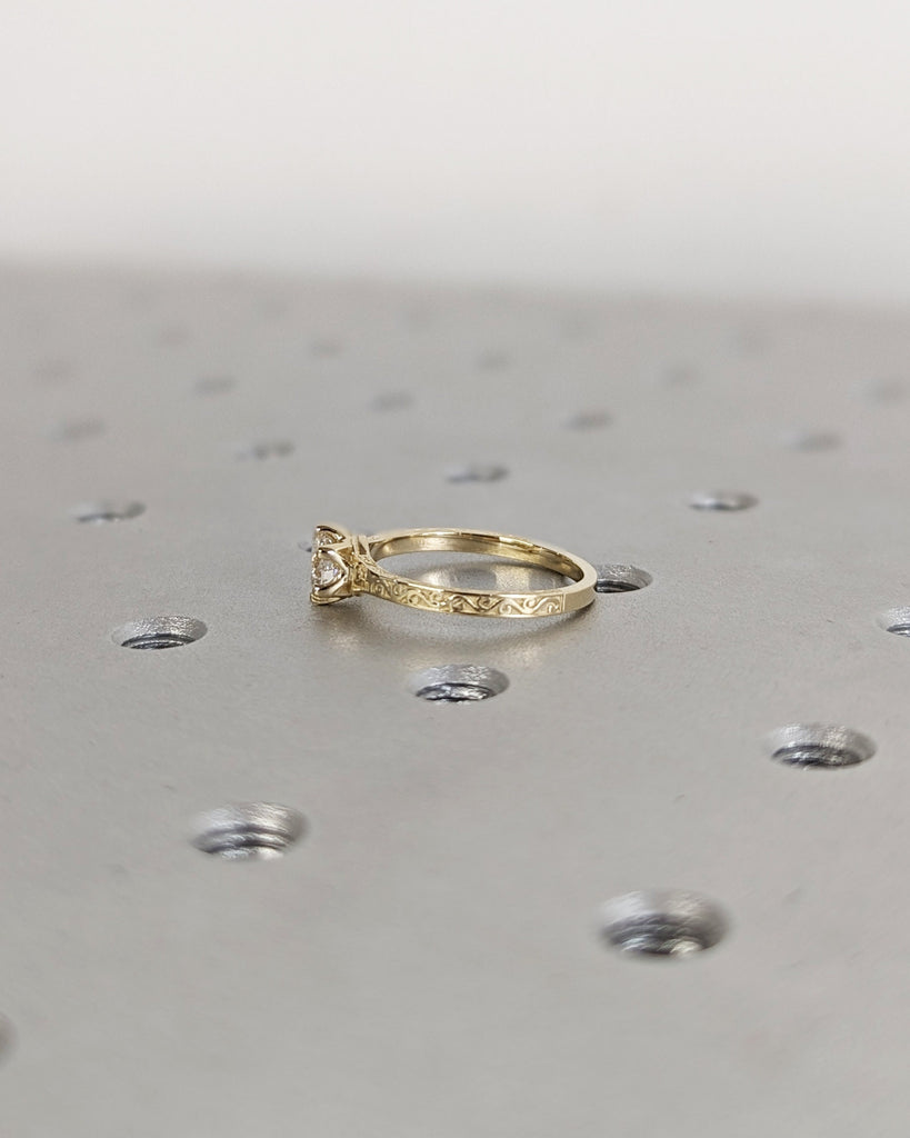 Round cut Moissanite Solitaire Engagement Ring | 14k Solid Gold Filigree Wedding Ring | Art Deco Bridal Band