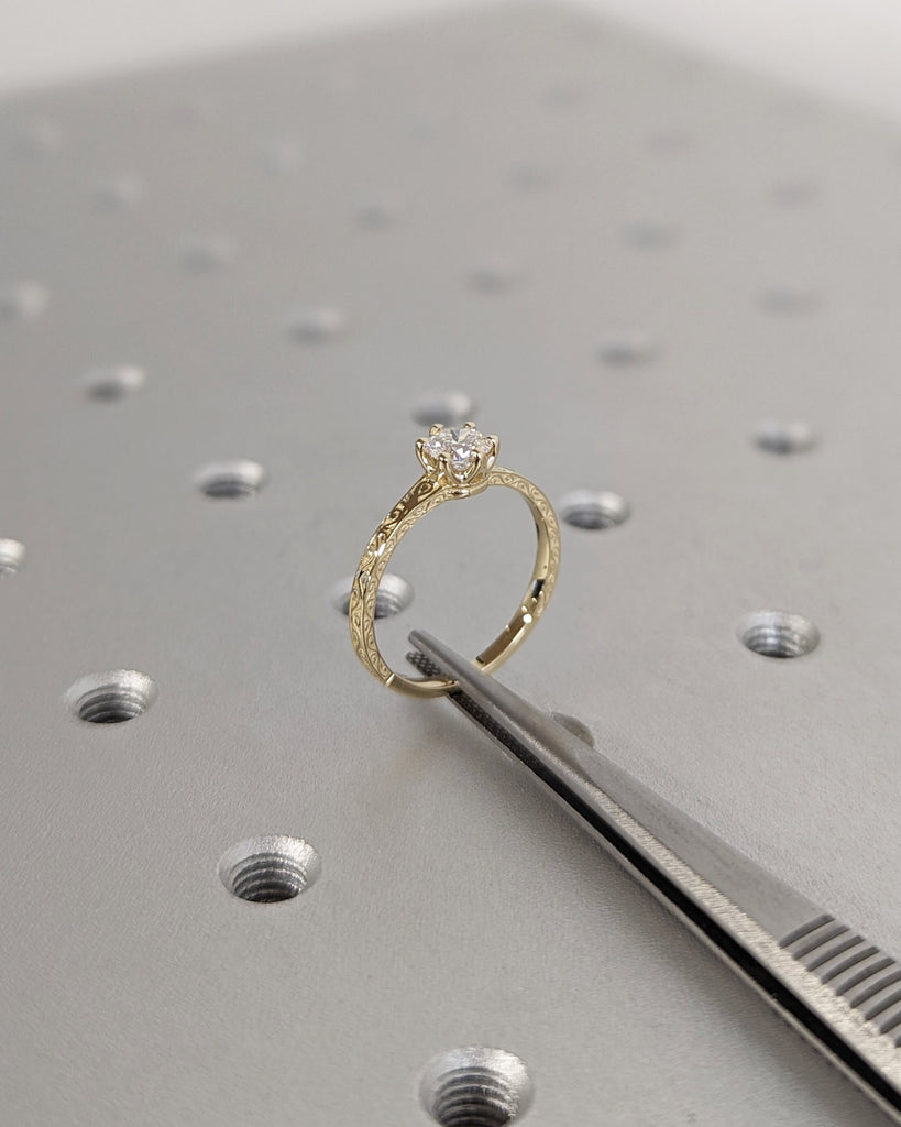 Round cut Moissanite Solitaire Engagement Ring | 14k Solid Gold Filigree Wedding Ring | Art Deco Bridal Band