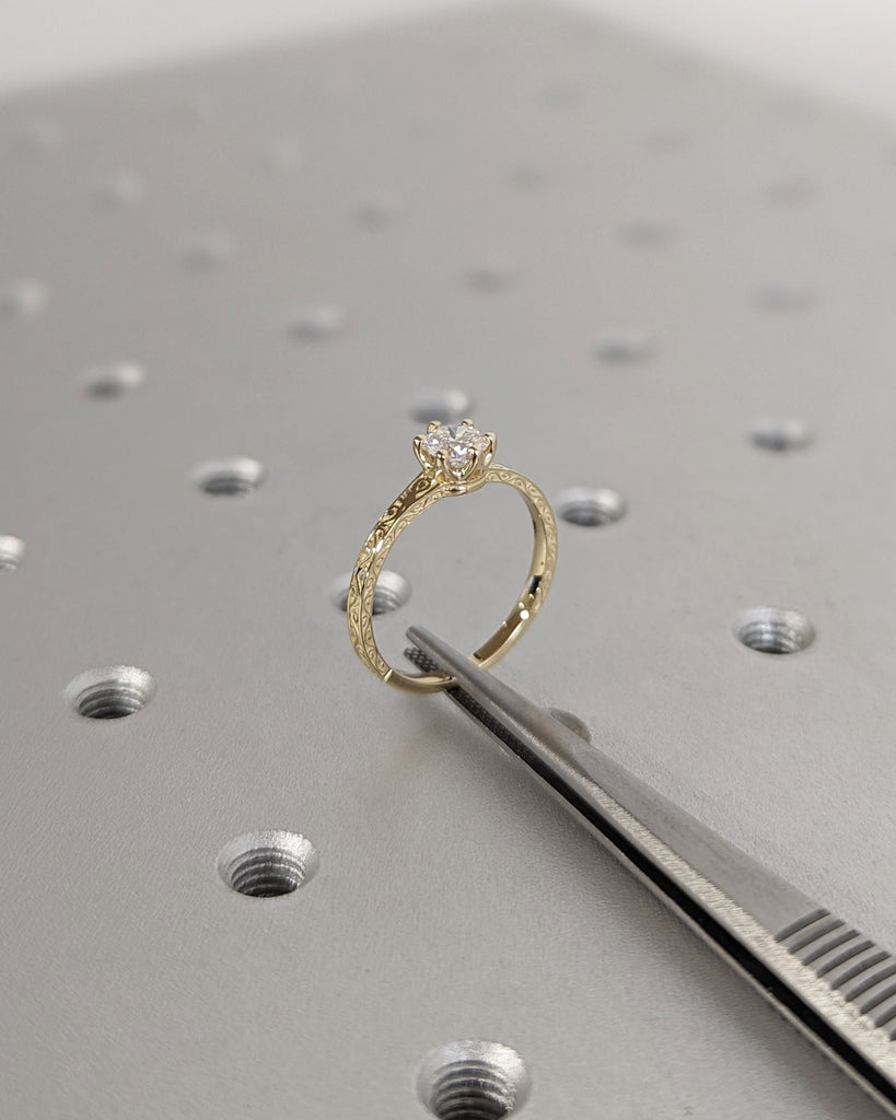 Solid Yellow Gold Round Cut Solitaire Moissanite Engagement Ring | 6 Prongs Filigree Wedding Anniversary Ring