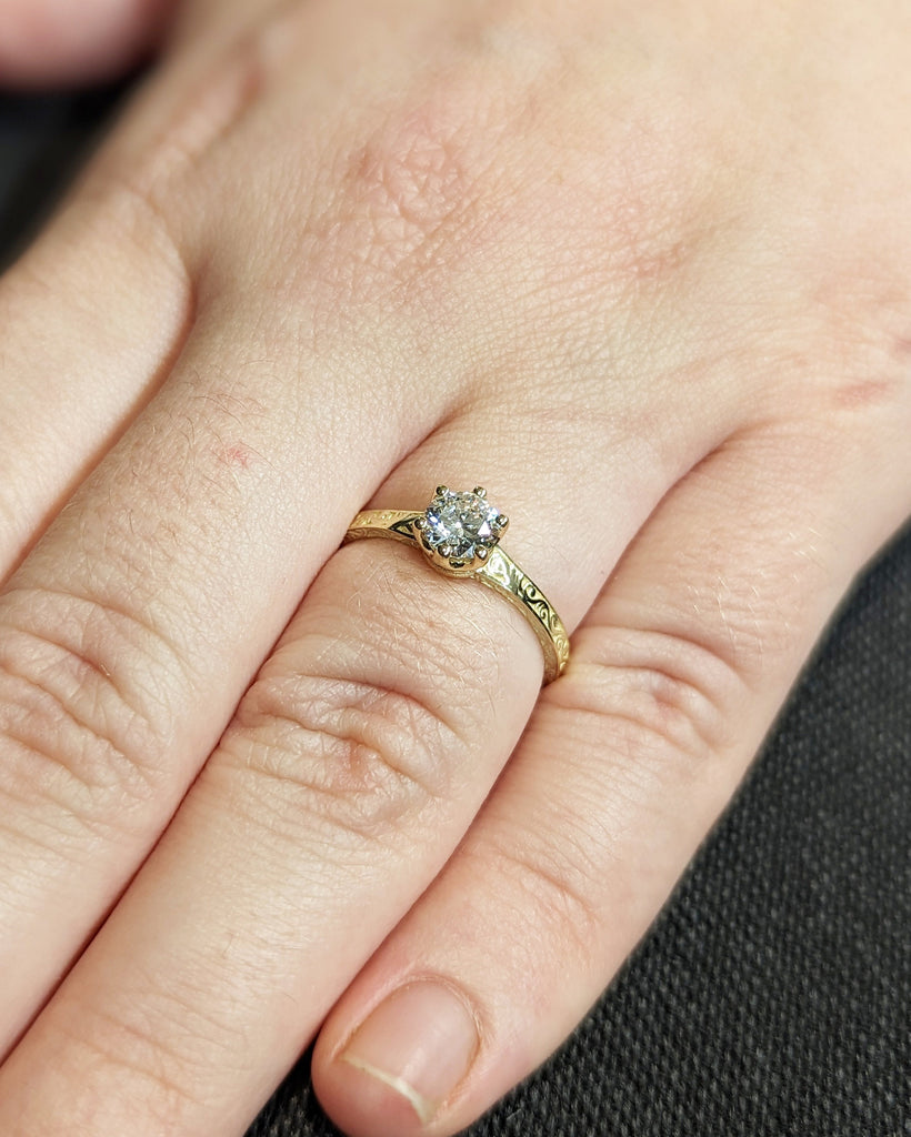 Round cut Moissanite Solitaire Engagement Ring | 14k Solid Gold Filigree Wedding Ring | Art Deco Bridal Band