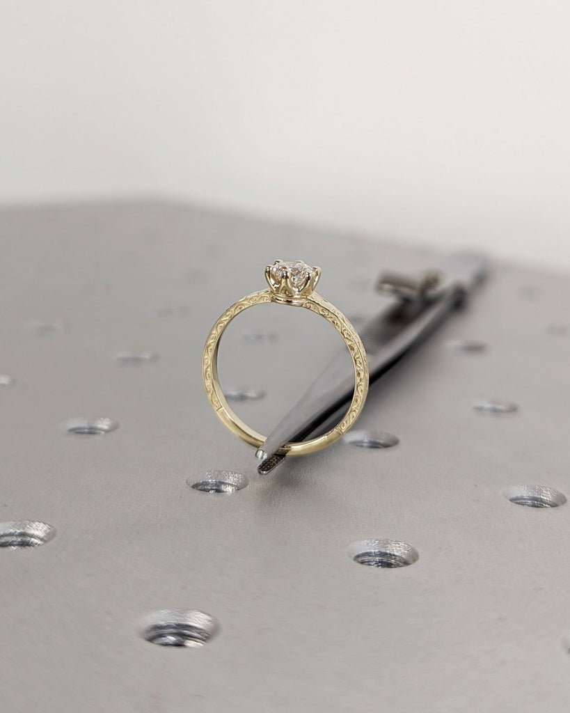 Round cut Moissanite Solitaire Engagement Ring | 14k Solid Gold Filigree Wedding Ring | Art Deco Bridal Band